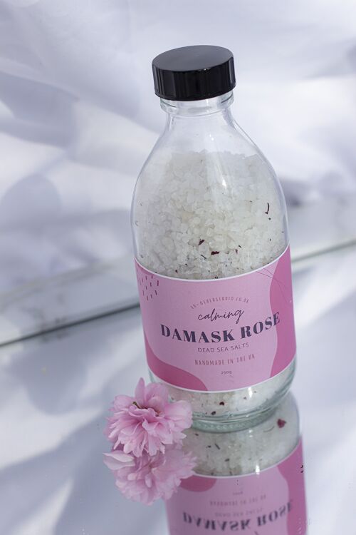 Calming Damask Rose Dead Sea Salt bath soak.