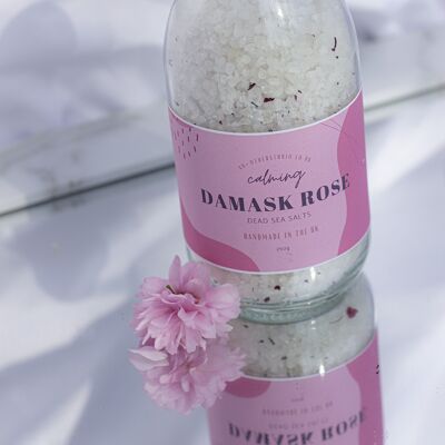 Calming Damask Rose Dead Sea Salt bath soak.