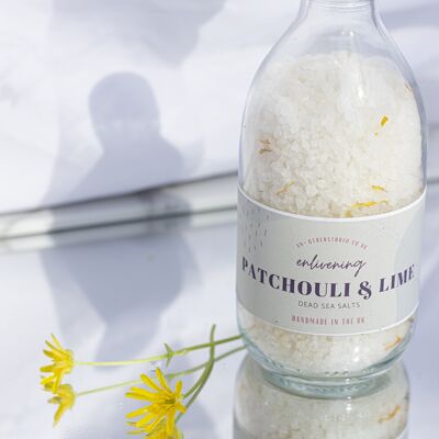 Enlivening Patchouli and Lime Scented Dead Sea Salt bath soak.