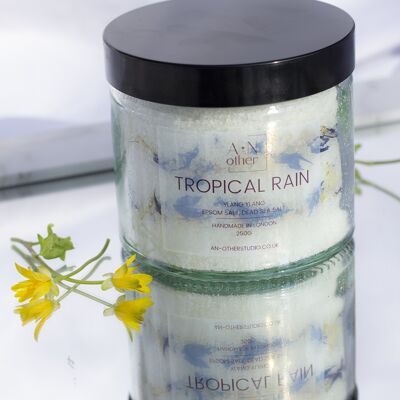 Tropical Rain Ylang Ylang Epsom and Dead Sea Salt bath soak. Therapeutic and organic bath salts with dried flower petals.