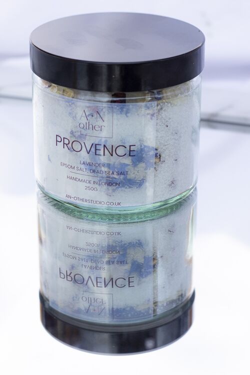 Provence Calming Lavender Epsom and Dead Sea Salt bath soak. Soothing and deeply relaxing fragrance with dried flower petals.