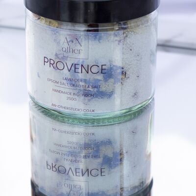 Provence Calming Lavender Epsom and Dead Sea Salt bath soak. Soothing and deeply relaxing fragrance with dried flower petals.