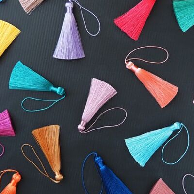 8cm handmade silky tassels with twisted long loops - 24. teal - 10 pieces