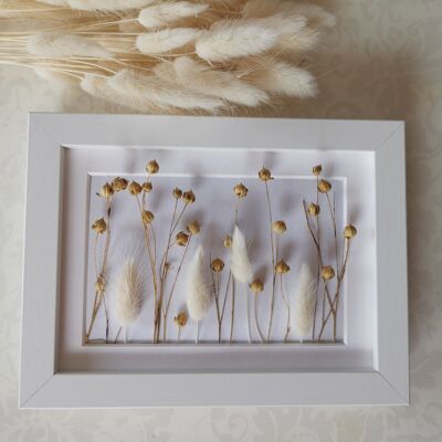 Trockenblumen in Bilderrahmen (Flachs Natur & Lagurus) - Weiß