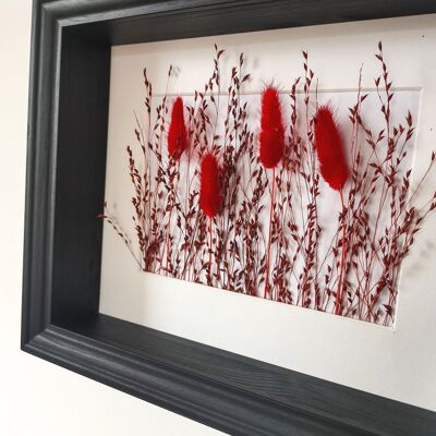 Trockenblumen in Bilderrahmen - Rot Lagurus - Bambus