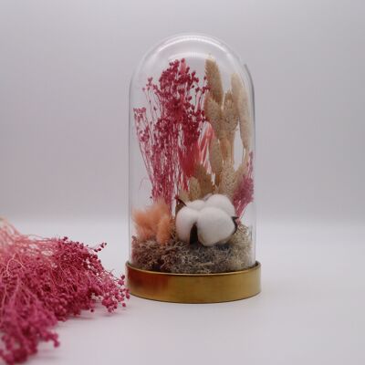 Glasglocke mit Trockenblumen Baumwollzweige