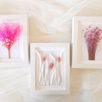 Trockenblumen in Bilderrahmen - Rosa Set - Weiß