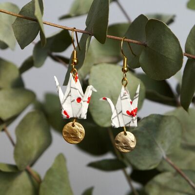 Origami earrings - White cranes and golden sequins