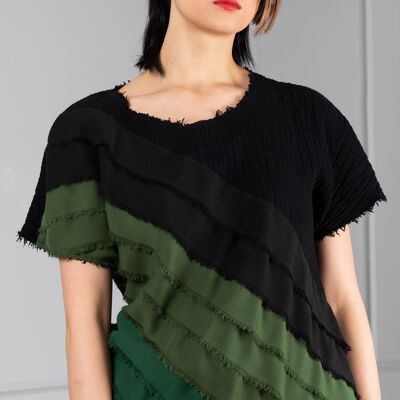 Taranis black cotton top with green chiffon stripes