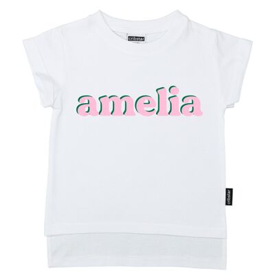 T-shirt Personnalisé Prénom Rétro - Rose - Blanc - 6-12 mois