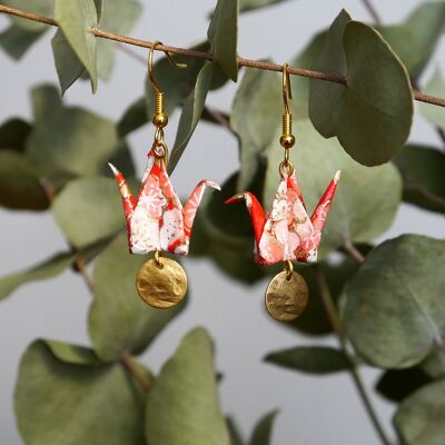 Origami earrings - Red cranes and golden sequins