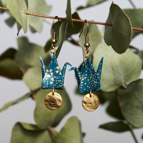 Boucles d'oreilles origami - Grues bleues canard et sequins dorés