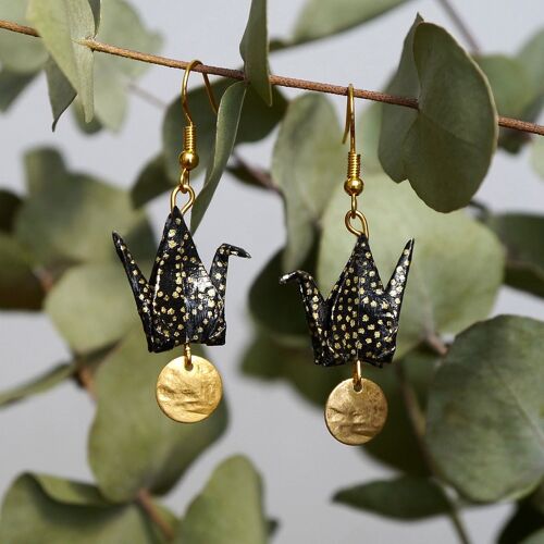 Boucles d'oreilles origami - Grues noires et sequins dorés