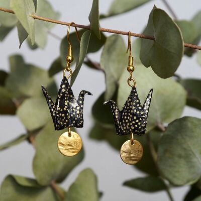 Origami earrings - Black cranes and golden sequins