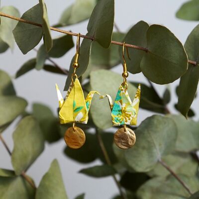 Origami earrings - Yellow cranes and golden sequins