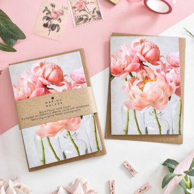 Paquete de 8 tarjetas de peonías coralinas florales