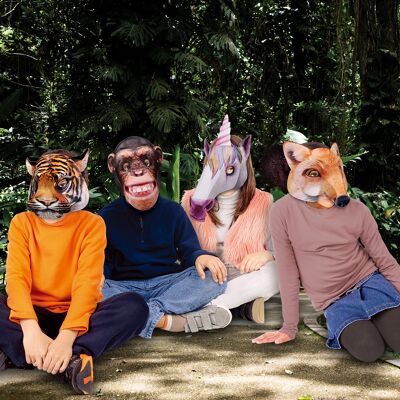 Tiermaske 4er Pack: Tiger, Einhorn, Fuchs & Schimpanse
