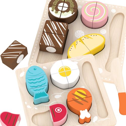 Wooden play food sets – dinner & dessert puzzle play set