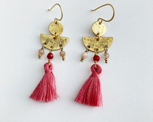 Pink moon phases brass earrings, pink gemstones and tassels