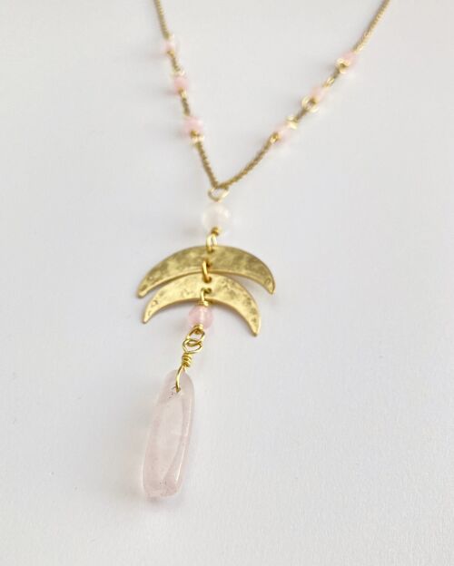 Double crescent moon necklace, brass and rose quartz