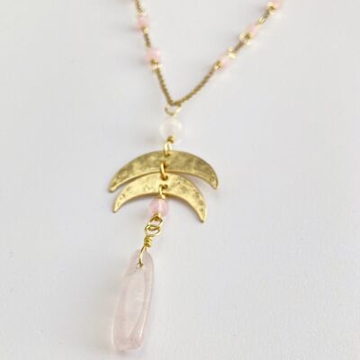 Double crescent moon necklace, brass and rose quartz