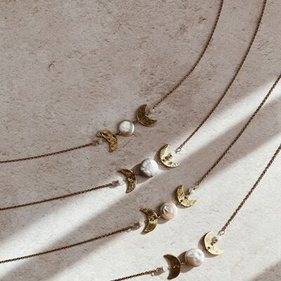 Moon Beam necklace, moon phases necklace, brass + pearl coin