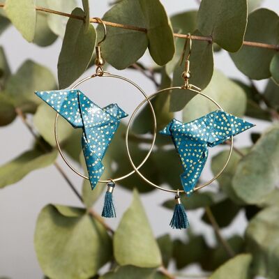 Aros de origami - Palomas y pompones azules de pato