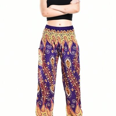 Bohotusk Purple Peacocks Eye Elasticated Smocked Waist Womens Harem Pants , S/M Only