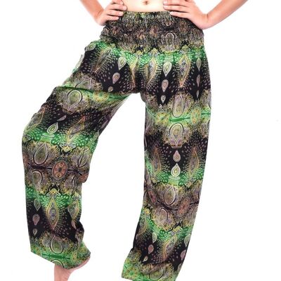 Pantalones harén de mujer con cintura fruncida elástica con estampado de lágrima verde Bohotusk, solo S/M