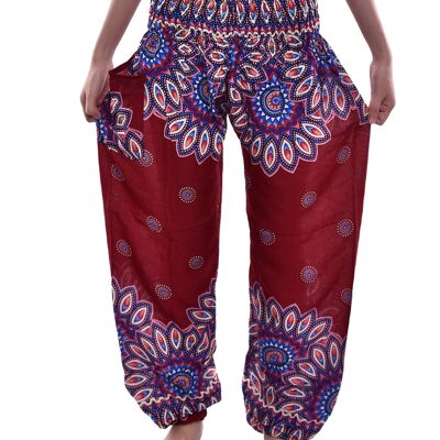 Pantalones bombachos para mujer Bohotusk, rojo oscuro, con estampado de flores tailandesas, elásticos, con cintura fruncida, talla pequeña/mediana (UK 8 - 12)