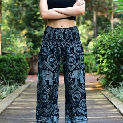 Bohotusk Black Elephant Tusker Elasticated Smocked Waist Womens Harem Pants , Large / X-Large (Size 14 - 18)