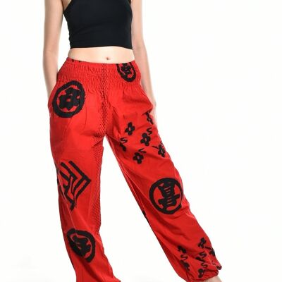 Bohotusk Womens Autumn Red Chilli Tribe Print Cotton Harem Pants , Small / Medium (Size 8 - 12)