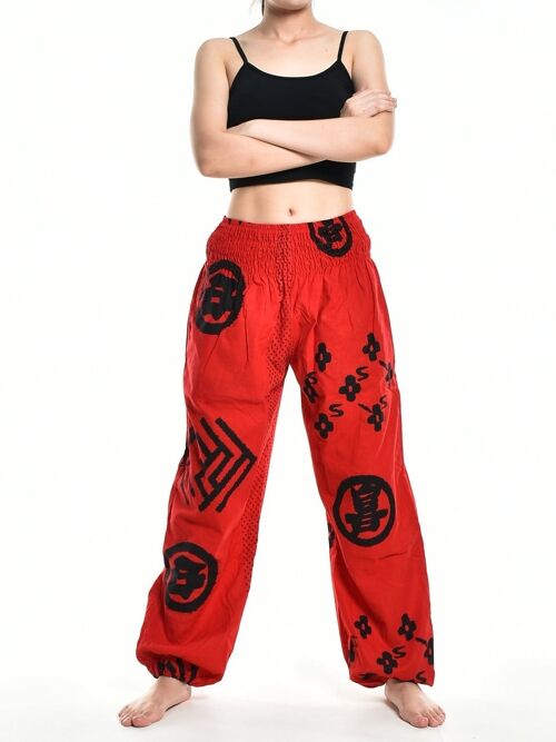Bohotusk Womens Autumn Red Chilli Tribe Print Cotton Harem Pants , Large / X-Large (Size 14 - 18)