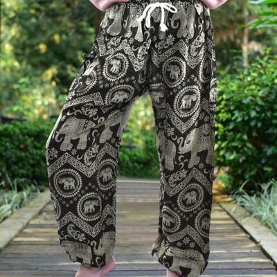 Bohotusk Olive Green Elephant Tusker Print Womens Harem Pants Tie Waist , Small / Medium (Size 8 - 12)