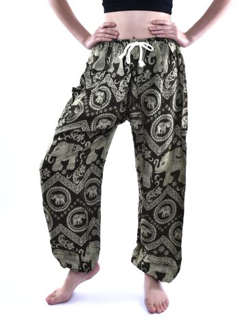 Bohotusk Olive Green Elephant Tusker Print Womens Harem Pants Tie Waist, Small / Medium (Taille 8 - 12) 2