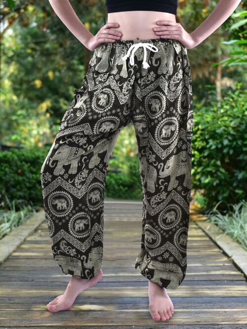 Bohotusk Olive Green Elephant Tusker Print Womens Harem Pants Tie Waist , Large / X-Large (Size 14 - 16)
