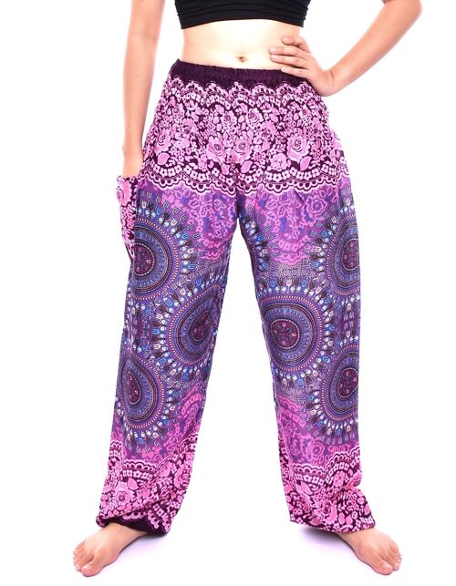Bohotusk Pink Sun Beam Print Womens Harem Pants Tie Waist - Purple , Small / Medium (Size 8 - 12) - Purple