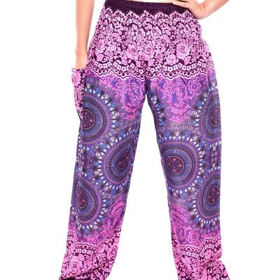 Bohotusk Pink Sun Beam Print Womens Harem Pantalones Tie Waist - Púrpura, Pequeño / Mediano (Talla 8 - 12) - Púrpura