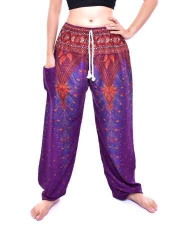 Bohotusk Purple Peacock Print Womens Harem Pants Tie Waist, Small / Medium (Taille 8 - 12) 3