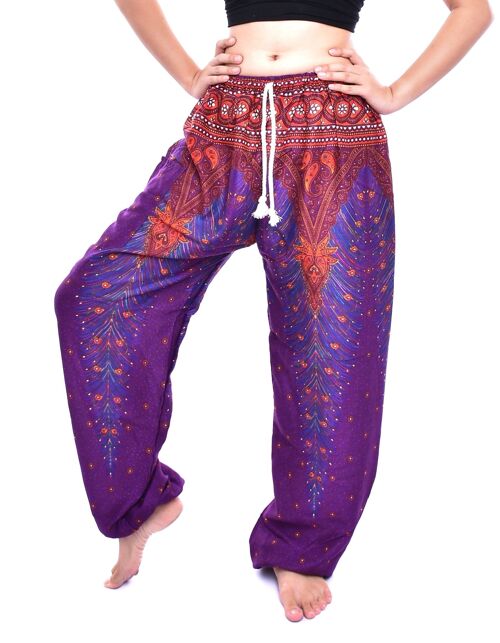 Bohotusk Purple Peacock Print Womens Harem Pants Tie Waist , Large / X-Large (Size 14 - 18)