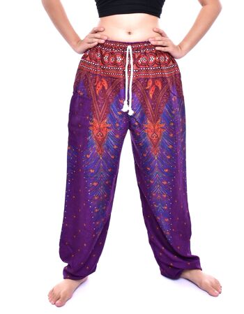 Bohotusk Purple Peacock Print Womens Harem Pants Tie Waist, Large / X-Large (Taille 14 - 18) 2