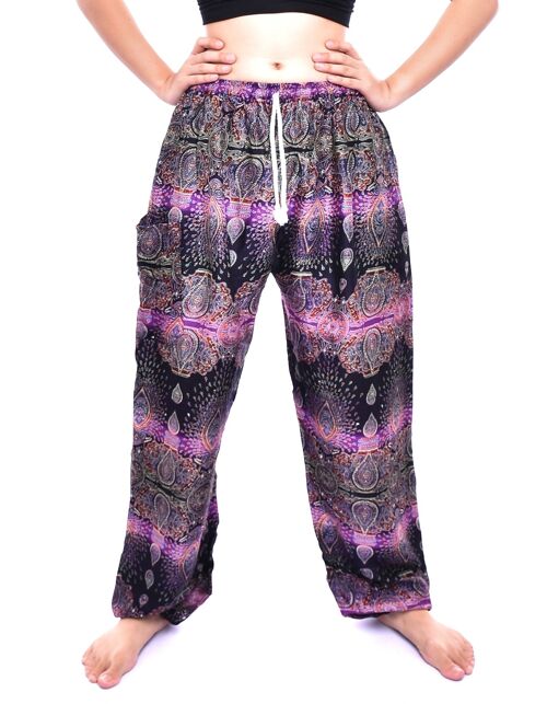 Bohotusk Purple Teardrop Print Womens Harem Pants Tie Waist , Large / X-Large (Size 14 - 18)