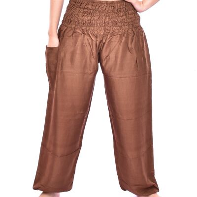 Bohotusk Toffee Brown Plain Elasticated Smocked Waist Womens Harem Pants , Small / Medium (Size 8 - 12)