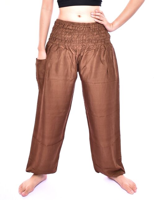 Bohotusk Toffee Brown Plain Elasticated Smocked Waist Womens Harem Pants , Large / X-Large (Size 14 - 16)