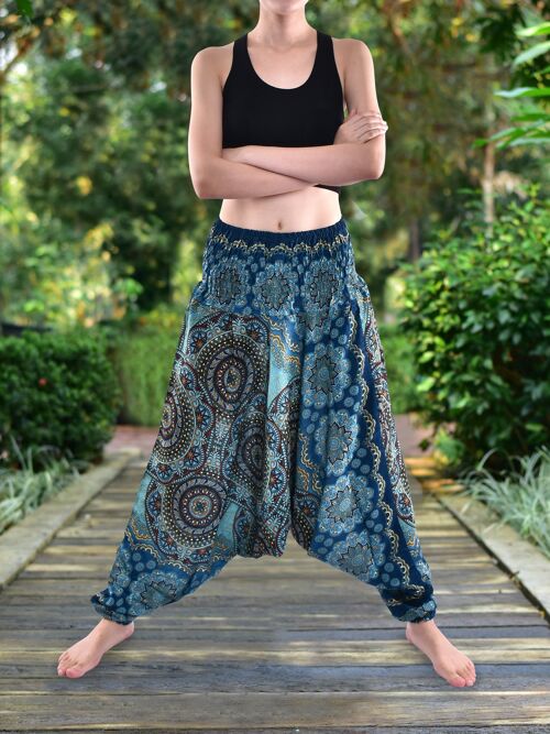 Bohotusk Blue Solar Circle Low Crotch Harem Pants Womens Elasticated Smocked Waist , Small / Medium (UK Size 8 - 12)