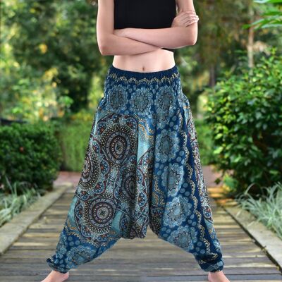 Bohotusk Blue Solar Circle Pantalones bombachos de entrepierna baja para mujer Cintura fruncida elástica, pequeño / mediano (tamaño del Reino Unido 8 - 12)