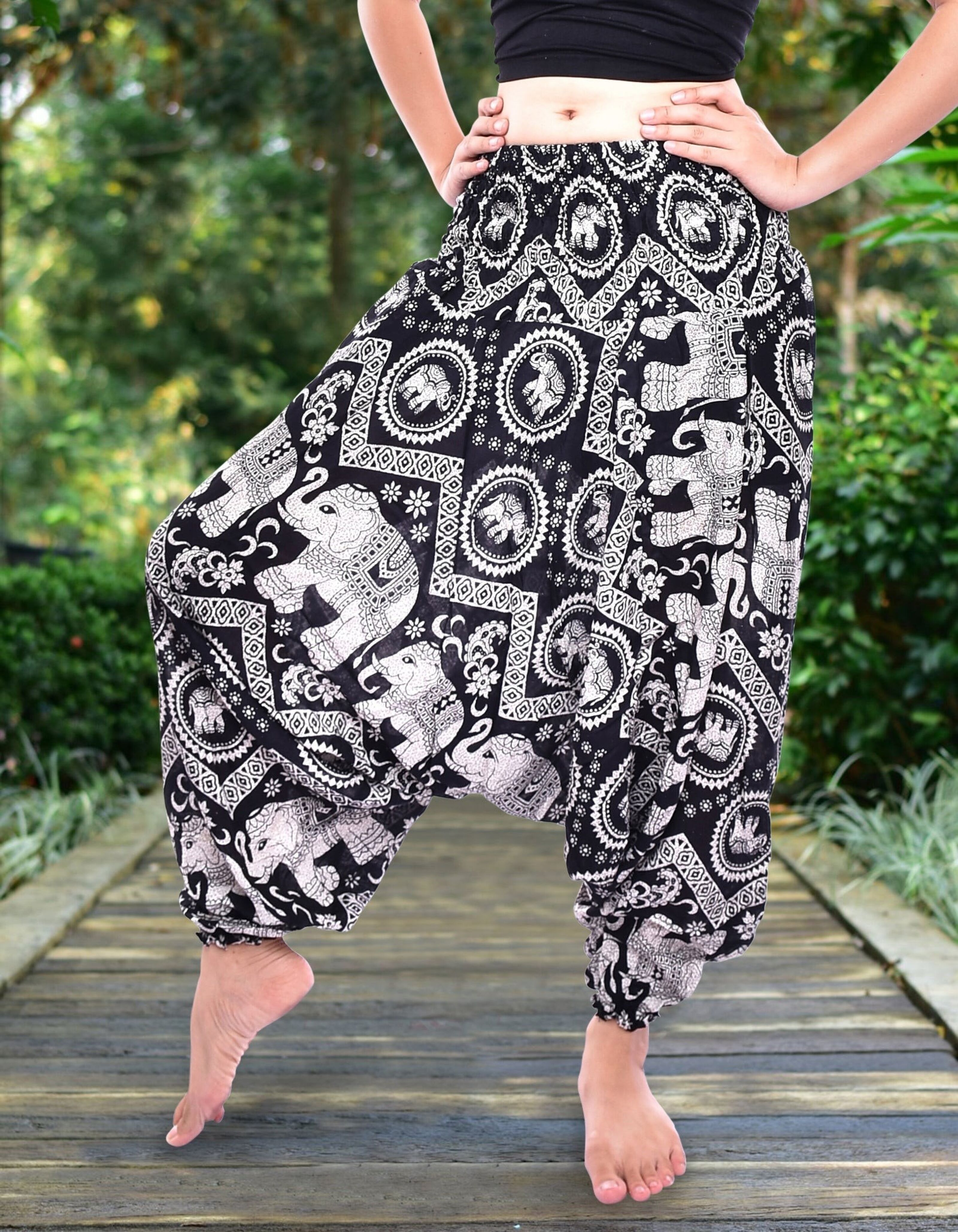 Buy wholesale Bohotusk Black Elephant Print Low Crotch Harem Pants Womens  Elasticated Smocked Waist , Small / Medium (UK Size 8 - 12)