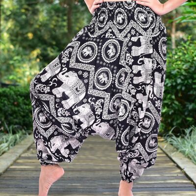 Bohotusk Black Elephant Print Low Crotch Harem Pants Womens Elasticated Smocked Waist , Small / Medium (UK Size 8 - 12)