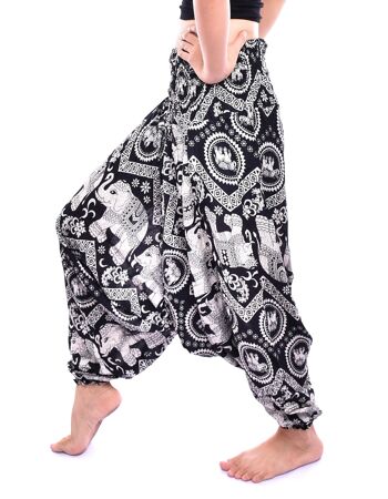 Bohotusk Pantalon sarouel à entrejambe bas à imprimé éléphant noir pour femme Taille smockée élastiquée, Small / Medium (UK Size 8 - 12) 3