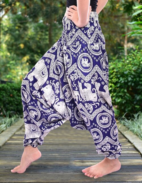 Bohotusk Navy Blue Elephant Print Low Crotch Harem Pants Womens Elasticated Smocked Waist , Small / Medium (UK Size 8 - 12)